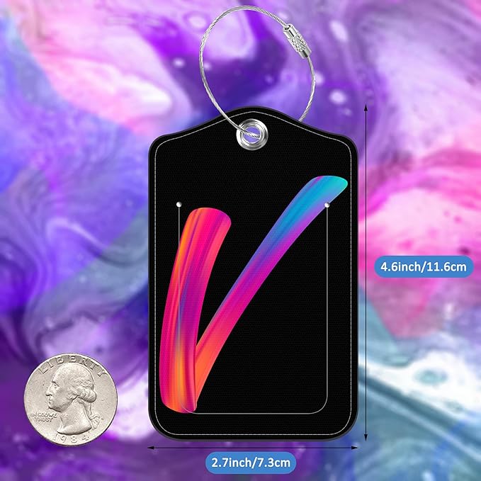 Luggage Tags for Suitcase,2 Pack Neon Colorful Letters Luggage Tags,Leather Baggage Tags Identifiers with Privacy Name Address Labels and Metal Loop for Women Men Girls Travel,Letter V