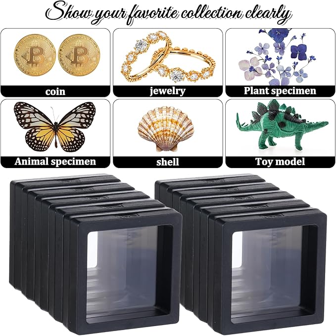 Oqqlin 60 Pcs 3D Floating Display Case, 2.8 x 2.8 x 0.8 Inch Clear PE Film Jewelry Display Case Black Square Coin Holder for Jewelry, Rings, Antique Challenge Coins, Shells, Rocks, Specimen