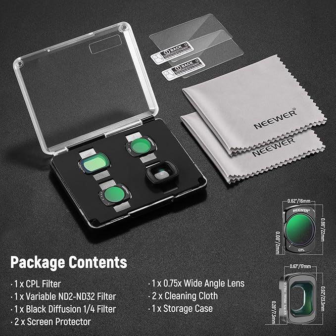 NEEWER ND Filter Set Compatible with DJI Osmo Pocket 3 Creator Combo Accessories, Wide Angle Lens + Variable ND2-32 + CPL + 1/4 Black Mist Diffusion Filter + 2X Screen Protector + 2X Cleaning Cloth