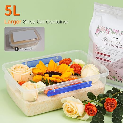Aboofx 5LBS Silica Gel Flower Drying Kit, Reusable Color Indicating Flower Drying Silica Gel Crystals with Airtight Container, Brush, Ice Scraper & Gloves, DIY Flowers Preservation Kit for Art Craft