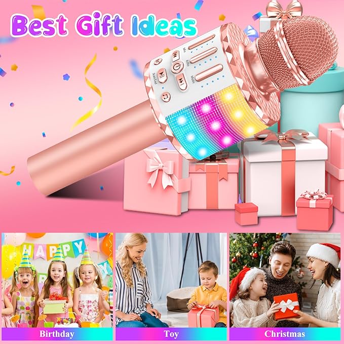 Karaoke Microphone Toys for Kids, Wireless Bluetooth Mic with Lights & Speaker, Portable Home KTV Player System, Perfect Birthday Party for 3-12 Year Old Boys & Girls