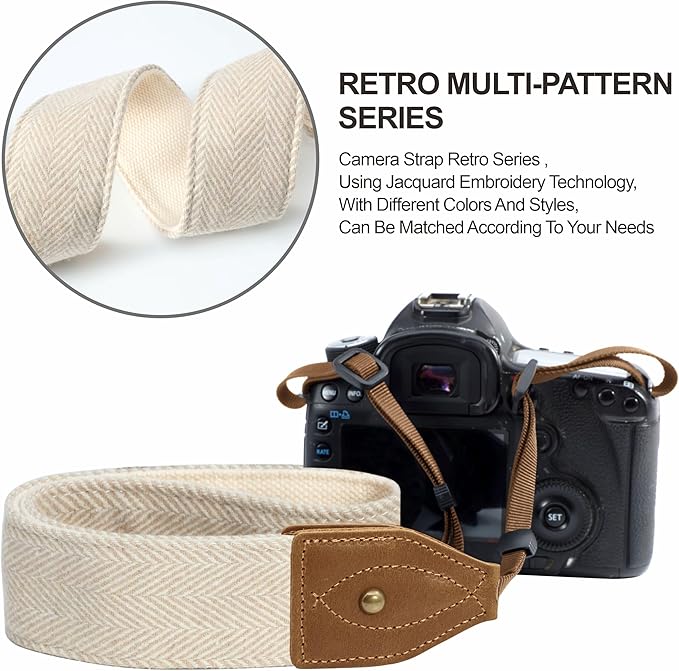 Padwa Lifestyle 2" Wide Classic Crazy Horse Art Cowhide Head Camera Strap - Beige White Twill Cashmere Vintage Camera Straps for Photographers, Adjustable Shoulder & Neck Strap Fits All DSLR Cameras