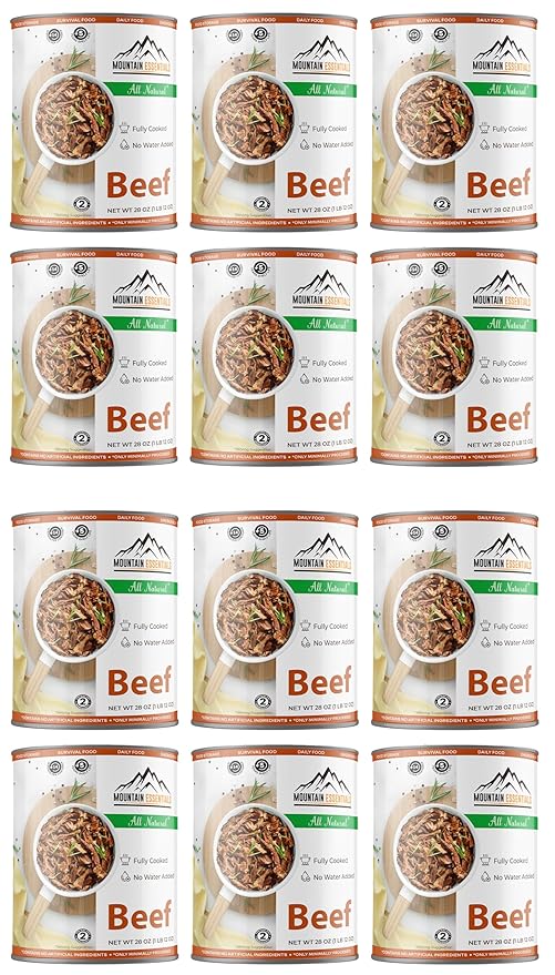 MOUNTAIN ESSENTIALS All Natural Canned Beef 28 Oz – Fully Cooked, Ready to Eat, Gluten Free – Canned Meat for Daily Use, Emergency, Survival & Camping – 5-Year Shelf Life – Made in USA – Pack of 12