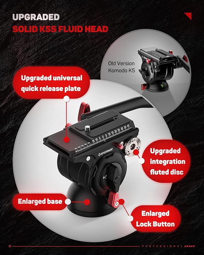 IFOOTAGE Video Fluid Head Komodo K5S, Aluminum Video Head for Tripod Monopod, Camera Fluid Head Mount for DSLR Camera, Camcorder, Monopod & Tripod, Payload 5KG/11LB