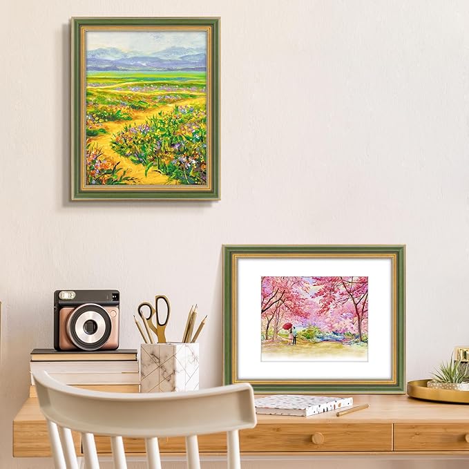 Golden State Art,11x14 Ornate Picture Frame for 8x10 Photo with Mat or 11 x 14 Prints Without Mat, Real Glass Wall Display Horizontally or Vertically (Color:Green Gold)