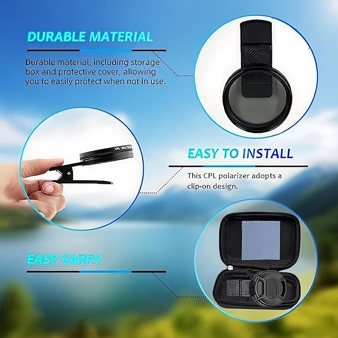 52mm Clip-on CPL Phone Camera Lens Filter, Universal Polarizing Filter with Clip Kit, Compatible with iPhoneSamsung/Android Smartphones