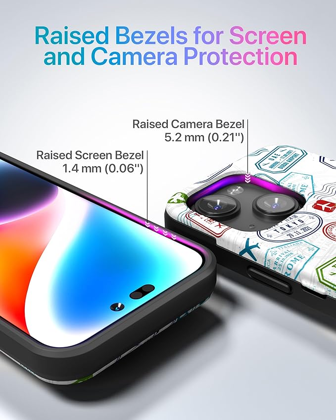 TORU for iPhone 15 Wallet Case with Card Holder, Hidden ID Credit Card Slot Flip Kickstand, Slim Fit Shockproof Heavy Duty Phone Cover with Strap - Travel Stamps Pattern