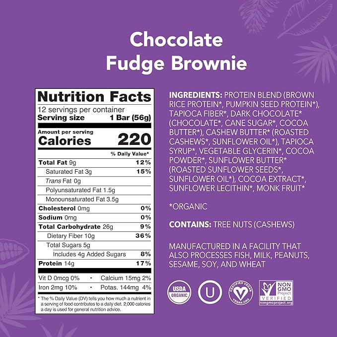 ALOHA Organic Plant-Based Protein Bars | Chocolate Fudge Brownie | Vegan, Gluten-Free, Paleo, Low-Carb, Non-GMO, Soy-Free, 12 Count