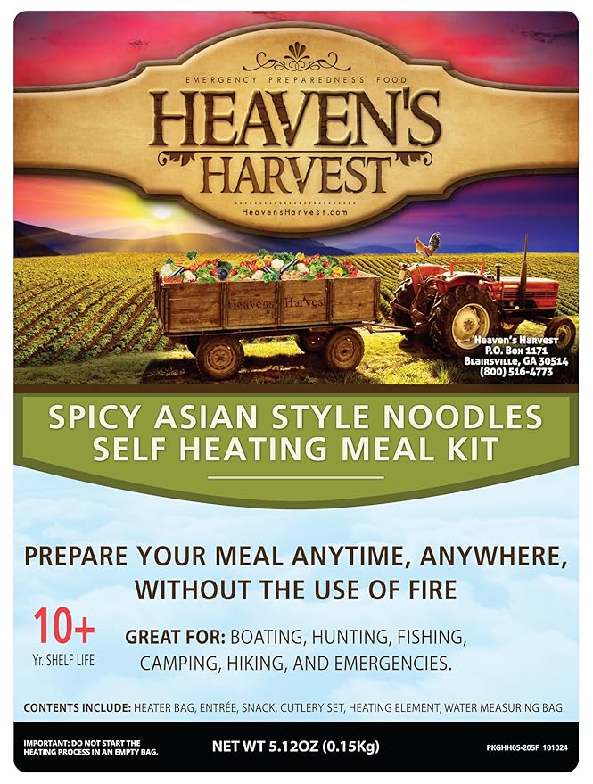 Heaven's Harvest Self-Heating Emergency Meal Kit (10 Year Shelf Life) — Tastier than MRE Meals & Ready-To-Eat in Minutes! Just add water to activate the “cooking” process. (Spicy Noodles) (6-Pack)
