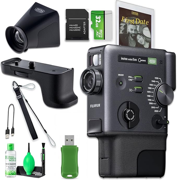 FUJIFILM instax mini Evo Cinema Hybrid Instant Camera Viewfinder, Grip, Hand Strap Bundle with Album, Tripod, 32GB Card, USB Reader and Cleaning Kit