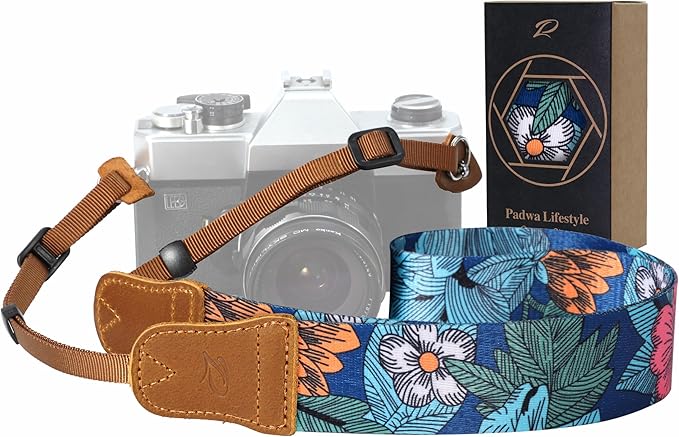 Padwa Lifestyle Camera Strap - 1.5" Soft Nylon Print Crazy Horse Cowhide Head Camera Straps for Photographers and All Cameras,Cute Adjustable Vintage Woven Strap for Adults & Kids(Flower Heart Blue)