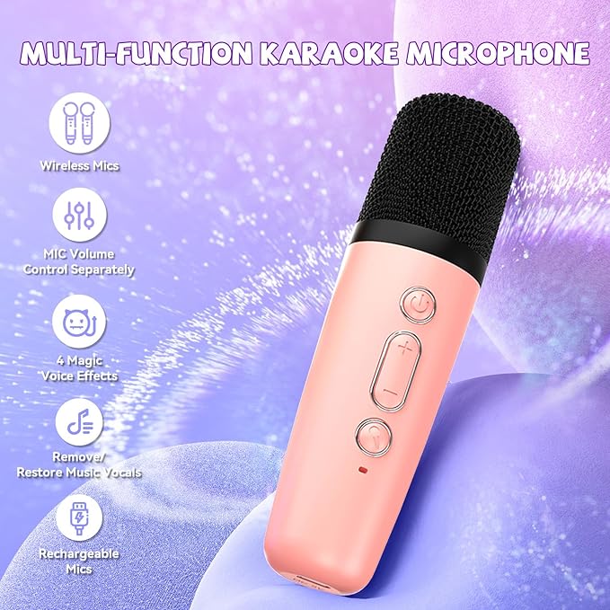 Upgraded Mini Karaoke Machine with 3 Wireless Microphones for Kids Girls Boys - Karaoke Party Speaker Christmas Birthday Gifts for 4 5 6 7 8 9 10 11+ Year Old - Kids' Instrument Accessories - Pink