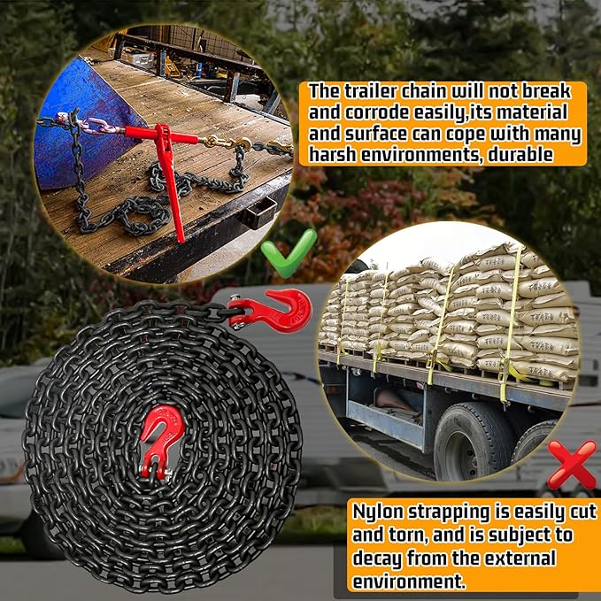 1/4" Tow Chain-G80 Transport Safety Chain with G70 Clevis Grab Hook for Towing|16FT Log Chains Wll 3300 Lbs|Heavy Duty Chain for Trailer Truck Tie Down Binding Equipment(Oiled Black)