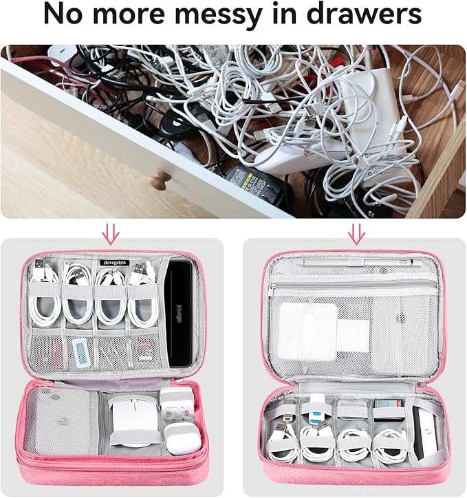 Large Electronics Organizer, Travel Accessories Cord Pouch for 7.9 Inch Tablet, Cables, Charger, Power Adapter, 2 Layers (Rosy Pink)