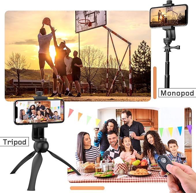 Universal Phone Tripod Mount Adapter with Ｗireless Camera Remote, Cell Phone Holder with Adjustable Clamp for Selfie Stick Monopod Compatible with iPhone, Samsung and so on -White