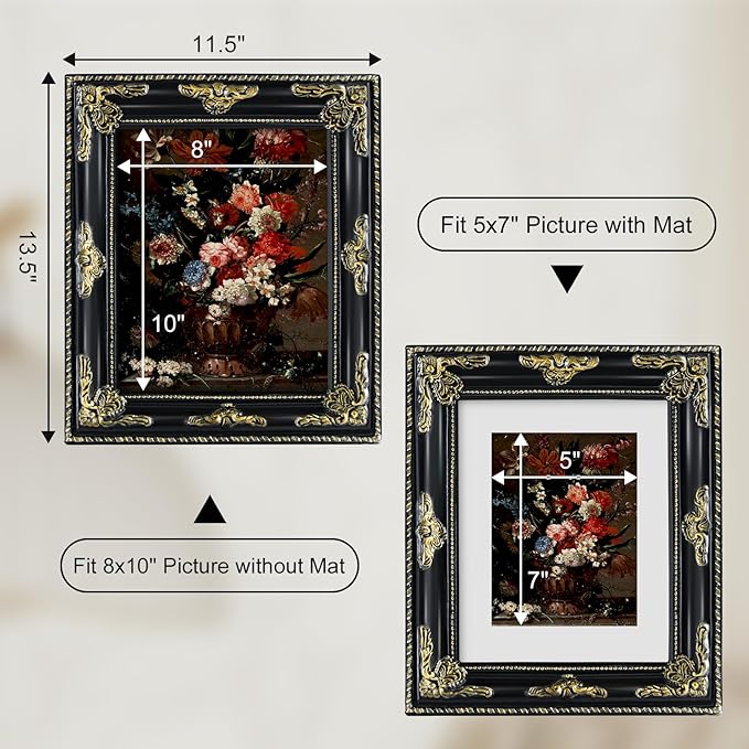8x10 Black Vintage Picture Frame Ornate Baroque Gothic Victorian Frames with Mat for 5x7 or 8 x 10 Photos, Tabletop or Wall Display, Antique Home Decor Accent