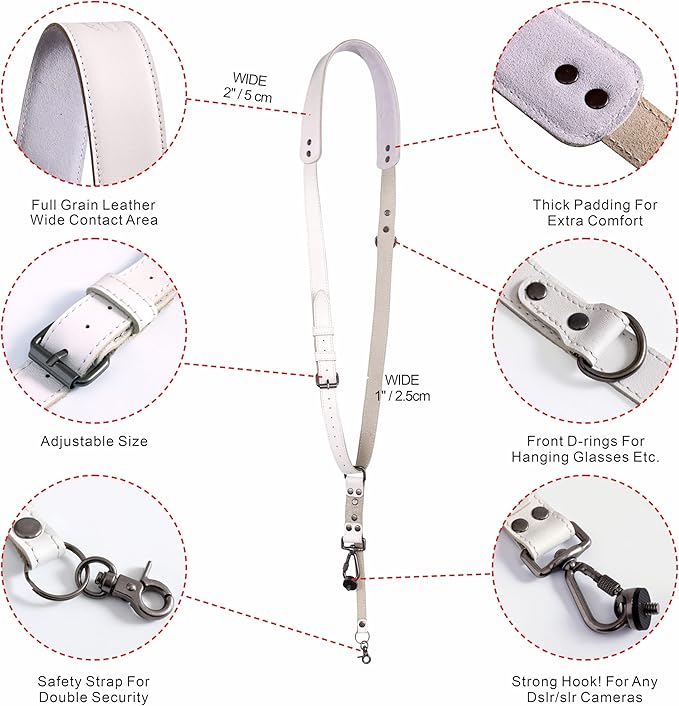 Padwa Lifestyle White Single Camera Harness Strap for One Camera - Professional Single Full Grain Leather Camera Harness with Thick Padded,Quick Release Gear DSLR Camera Straps for Photographers