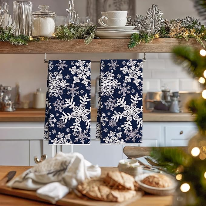 Artoid Mode Blue Snowflakes Winter Bar Kitchen Towels, 12x24 Inch Quick Dry Microfiber Cloth Dish Towels for Kitchen Drying Set of 2