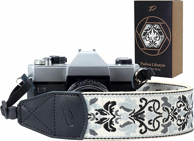 Padwa Lifestyle Camera Strap - 2" Wide Vintage Jacquard Embroidery Grey Flower Camera Straps with Genuine Leather Head,Adjustable Neck Shoulder Strap for All Cameras and Men & Women Photographers