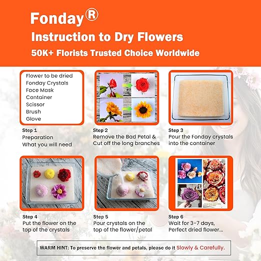 5LBS 4-in-1 Fonday Silica Gel Flower Drying Crystals for Wedding Bouquet Preservation with Sealed Container filterable basket and Brush Color Indicating Reusable Bead Size Less Than 1mm