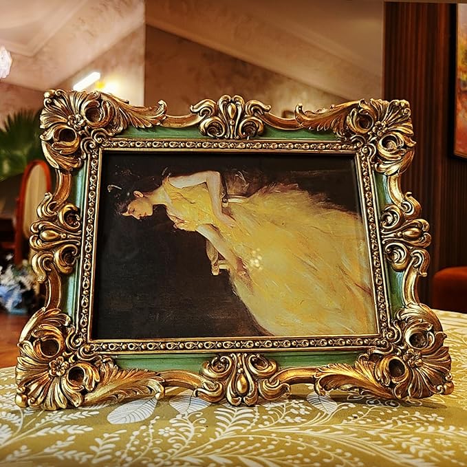 CISOO 5x7 Vintage Picture Frame Antique Ornate Green and Gold Photo Frame, for Table Top and Wall Display, Decorative Floral Design Retro Home Decor, Photo Gallery Art