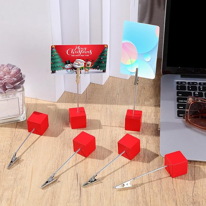 Gersoniel 20 Pcs Cube Base Memo Clip Holder with Alligator Clip Wood Table Number Holder Cube Base Place Card Stand Mini Photo Menu Stand for Displaying Number Card (Red)