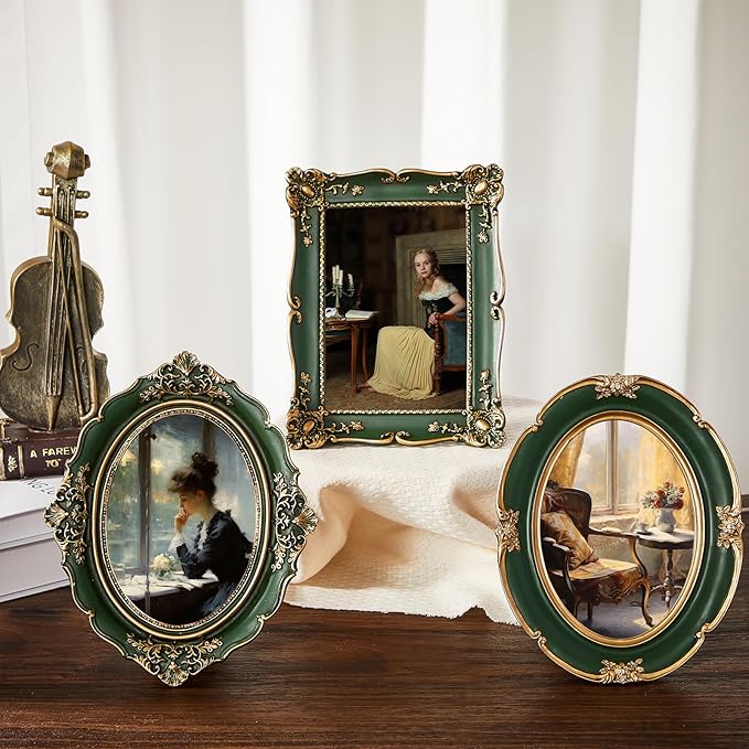 3 Pcs Green Vintage Picture Frame Set Antique Oval Picture Frames 4x6, 5x7 Inch Baroque Photo Ornate Frames with Glass Gift for Tabletop Hanging Wall Art Wedding Home(Antique Style)