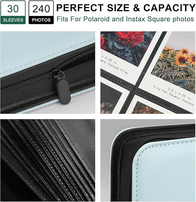 240 Pockets Portable Binder Photo Album Book For i-Type Square Polaroid Photos and Instax Wide Film Pictures (Sky Blue)