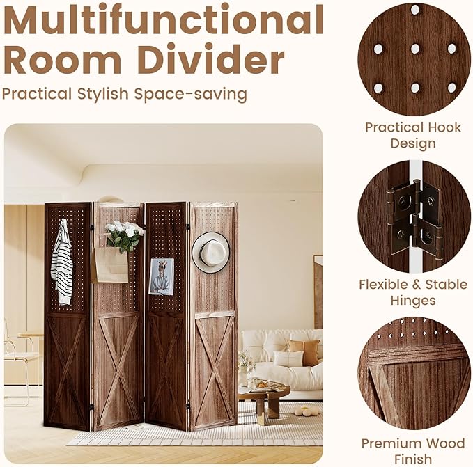 4 Panel Pegboard Wood Room Divider, 5.6Ft Pegboard Display Folding Privacy Screens, Peg Board Display Freestanding for Trade Show Craft Show Home Wall Organizer, Retro Brown