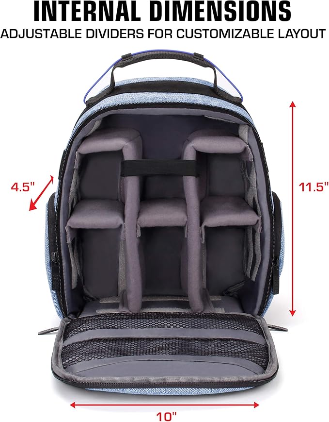 USA Gear Portable Camera Backpack for DSLR with Customizable Accessory Dividers, Weather Resistant Bottom and Comfortable Back Support - Compatible with Canon, Nikon, Sony, Fujifilm, and More (Blue)