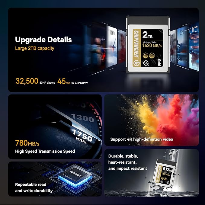 CHIPFANCIER CFexpress 2.0 Type B 512GB Memory Card Up to 1750MB/s Read 1420MB/s Write-Raw 8K Video Recording Compatible with Nikon D5/D6/Z7/Z9 Panasonic Canon EOS DJ for Photographers Gold