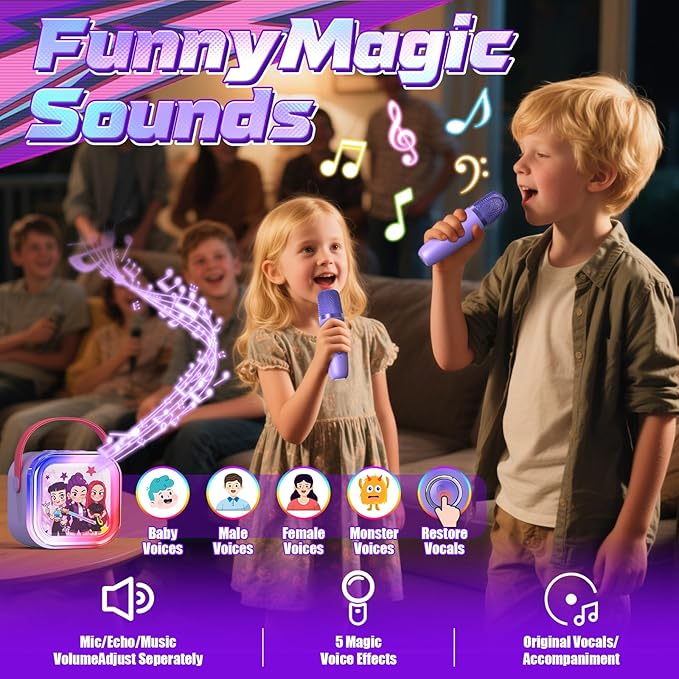 Mini Karaoke Machine for Kids,5 Voice Effects - Portable Bluetooth Speaker with 2 Wireless Mics LED Lights for Boys Girls Ages 3-12| Kids Karaoke Machine Birthday Gift Toy for Singing,Party & Play