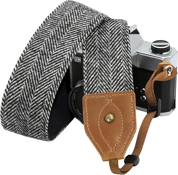 Padwa Lifestyle 2" Wide Classic Crazy Horse Art Cowhide Head Camera Strap - Black White Twill Cashmere Vintage Camera Straps for Photographers, Adjustable Shoulder & Neck Strap Fits All DSLR Cameras