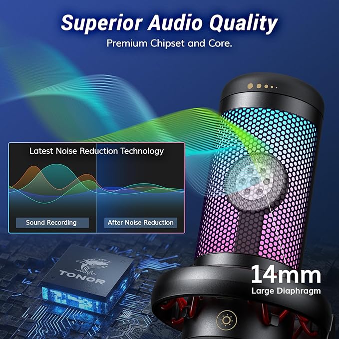 TONOR Gaming Microphone Set, USB Condenser Mic for PC with Stand, Controllable RGB, Quick Mute, Volume Control, for Twitch Streaming, Discord Chatting, 200 cm/78inch Cable, Desktop Stand TC310