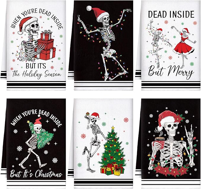 Preboun 6 Pcs Gothic Christmas Kitchen Towels Black and White Dish Cloth Xmas Skeleton Hand Towels Decorative Farmhouse Tea Cloth Absorbent for Holiday Kitchen Bathroom Decor