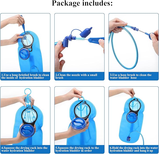 Feekoon Reservoirs Backpack Accessories Hydration Bladder Cleaning Kit with Flexible Long Brush for Hose, Small Bite Valve and Big Brush, Drying Collapsible Bladder Frame, Carrying Pouch