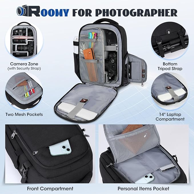 RAINSMORE Camera Backpack Camera Bag for Photographers DSLR SLR Mirrorless Camera Cases with Waterproof Rain Cover & Laptop Compartment Fits 14 Inch Laptop,Anti Theft Travel photography backpack,Black