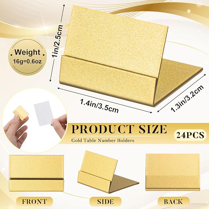 24 Pcs Small Table Number Holders Metal Place Card Holder Vintage Mini Table Number Name Card Display Stand for Wedding Memo Reception Photo Picture Party Restaurant, 1.4 x 1.3 x 1 Inch (Gold)