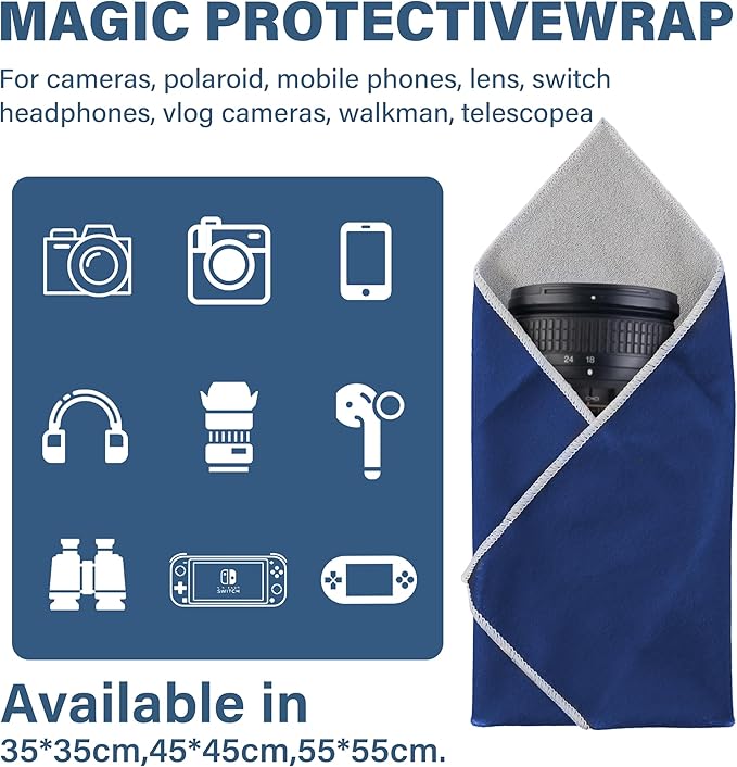 Walking Way Protective Wrap, Self-Adhesive Magic Cloth Camera Wrap, Storage Cloth, Anti-Scratch, Dustproof, Washable Lens Pouch for DSLR, Smartphones, Laptops, Cosmetic (Classic Dark Blue, 17.71 inch)