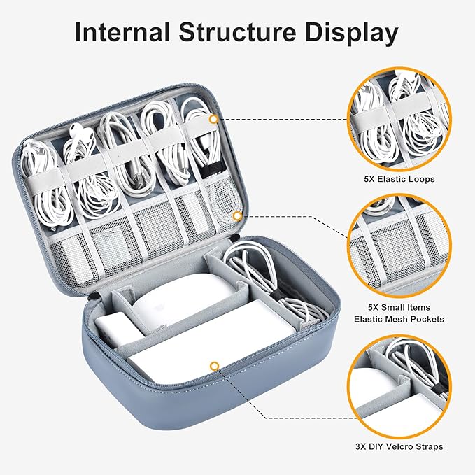 Large Capacity Electronics Accessories Organizer Travel Case with Adjustable Divider Waterproof Leather Cord Shockproof Tech Organizer Bag(Gray&Blue, Single Layer)