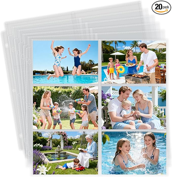 Zofly 20 Pack 4x6" Photo Album Refill Pages, 12x12, 240 Pockets, Double-Sided, Clear, Water/Dust Proof, 3 Ring Binder Compatible
