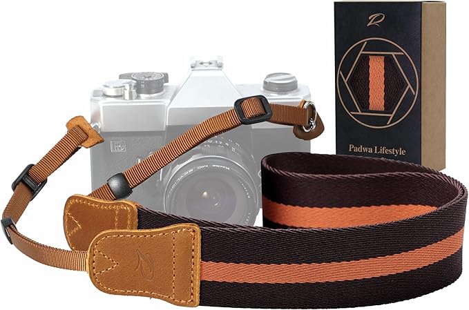 Padwa Lifestyle Brown Yellow Striped Camera Strap - 1.5" Double Crazy Horse Cowhide Head Cotton Camera Straps,Adjustable Neck Shoulder Universal Woven Straps for DSLR Cameras and Photographers Gift