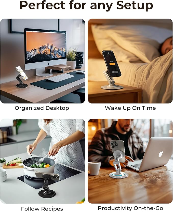 COOPER Mag360, Desktop MagSafe Stand for iPhone 17 Pro Max (16/15/14/13/12), Magnetic Phone Holder for Desk, 360° Rotating, Height Adjustable, Magnetic Phone Stand for Desk, with Metal Ring (White)