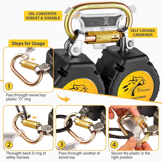 TRSMIMA Fall Protection Retractable Lanyard - 6FT Twin Leg Self Retracting Lanyard Tangle-Free Webbing Shock Absorber Dual Aluminum Rebar Hook Aluminum Carabiner ANSI