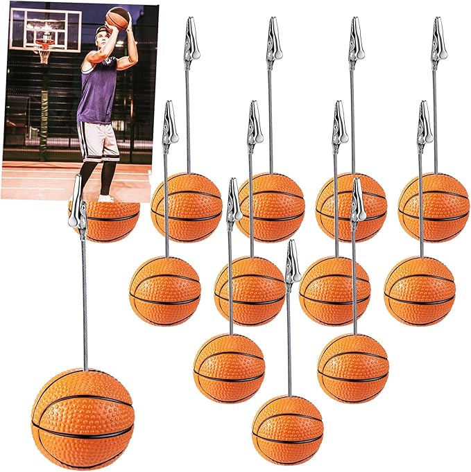 Jetec 12 Pcs Resin Sports Ball Base Memo Clips with Alligator Wire Table Number Card Place Holders Photo Stand for Office Menu Wedding Party Events Decoration(Basketball)