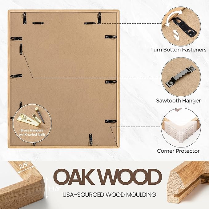 11x14 Picture Frame, USA-Sourced Natural Oak Wood Photo Frame with Tempered Glass, Handcrafted Rounded Corner 11 x 14 Wooden Frame Matted to 8x10 Photos, Wall or Tabletop Display