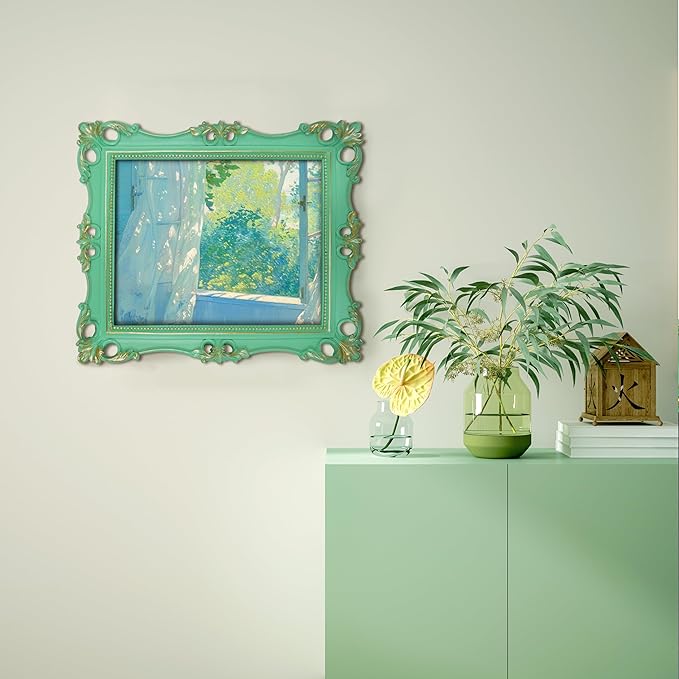 SIMON'S SHOP Vintage Picture Frame 8x10, Light Green Photo Frame, Resin Floral Frame for Wall or Tabletop Display