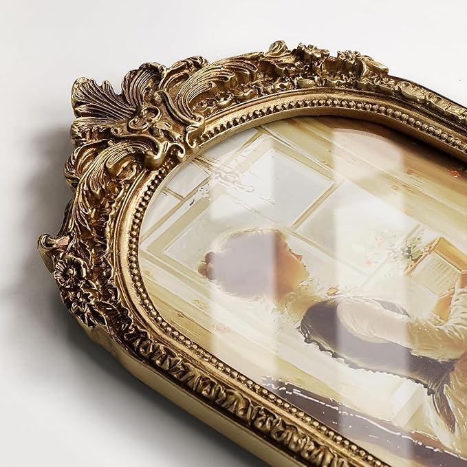 Cuspin Vintage Picture Frames 5x7 Gold Frame, Gold Ornate Resin Photo Frame with Glass Front for Tabletop and Wall Mounting, Antique Arched Picture Frame for Home Decor