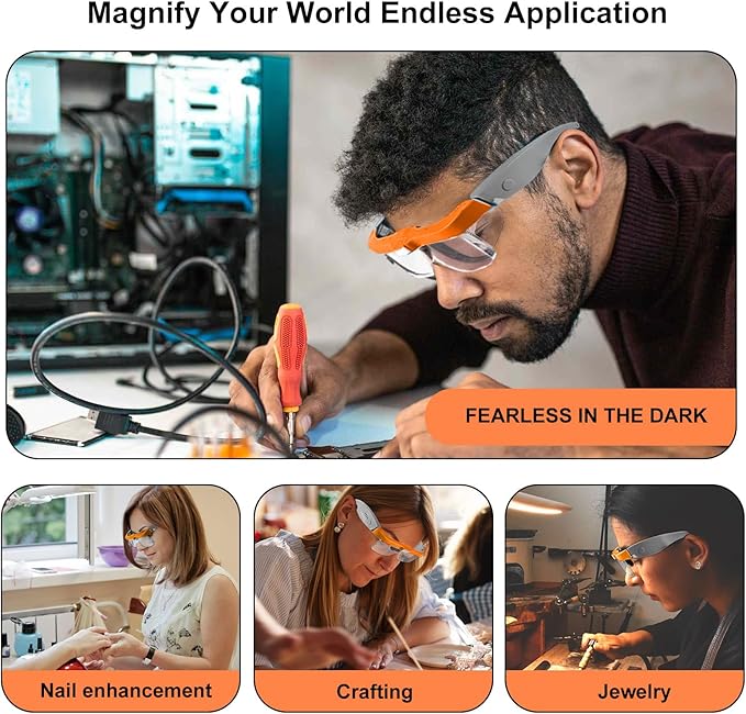 Magnifying Glass with Light Hands Free, Rechargeable Magnifying Glasses Headset with 5 Detachable Lenses and Storage Case for Close Work, Reading, Jewelry Making Crafts (Orange & Gray)
