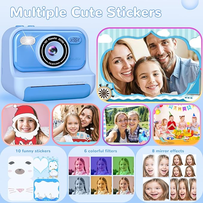 Kids Toys Instant Print Camera, Christmas Birthday Gifts for 3 4 5 6 7 8 9 10 Year Old Boys and Girls, 2.4 Inch Screen Kids Instant Cameras, Portable Toddler Travel Toys, Blue